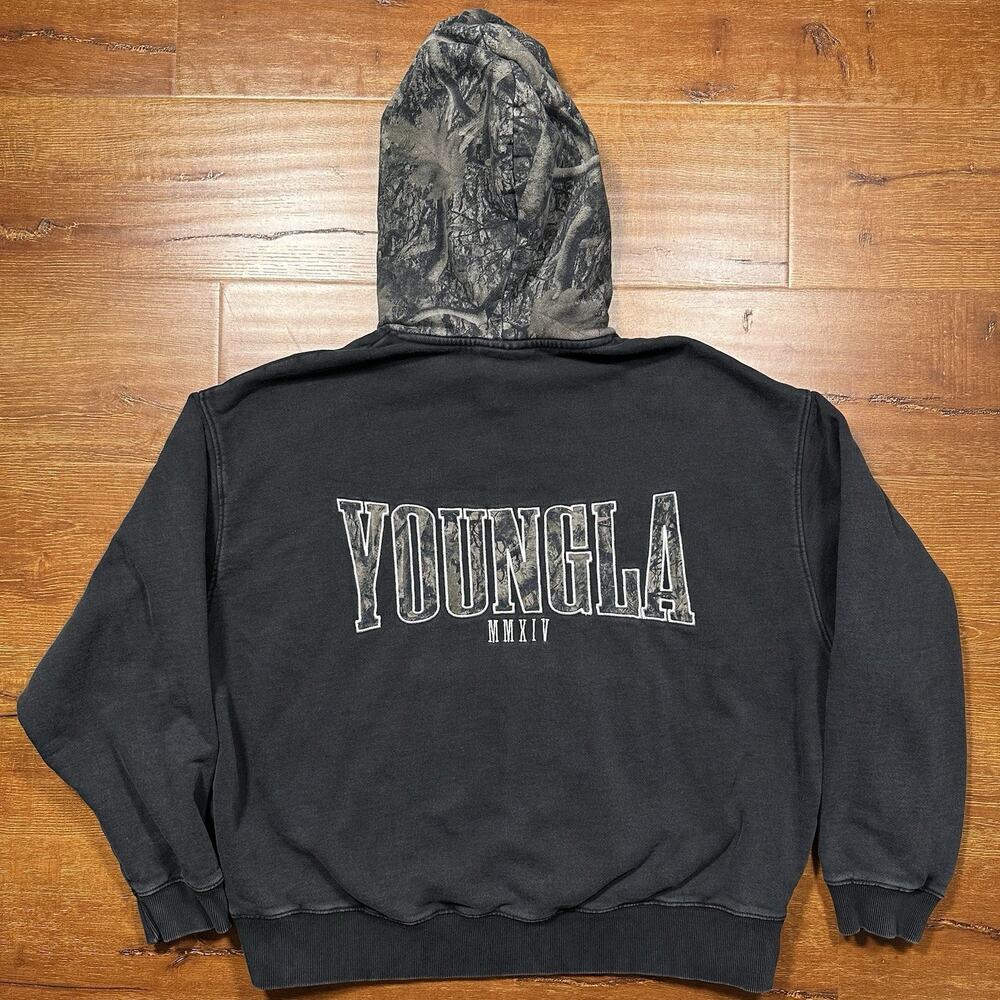 YoungLA Real Tree Camo Hoodie Sweater Mens XL Black Relaxed Fit Streetwear Rare